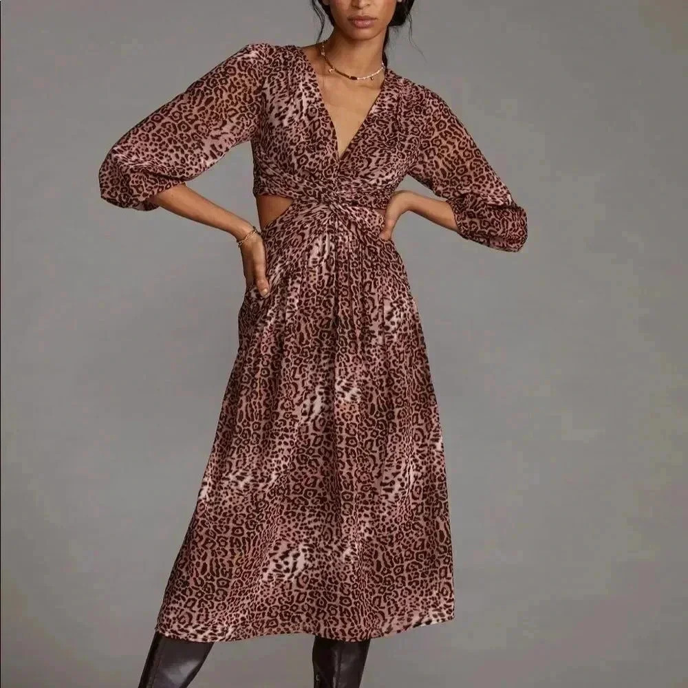 Anthropologie |  RANNA GILL Cut Out Midi Dress in Brown Motif
